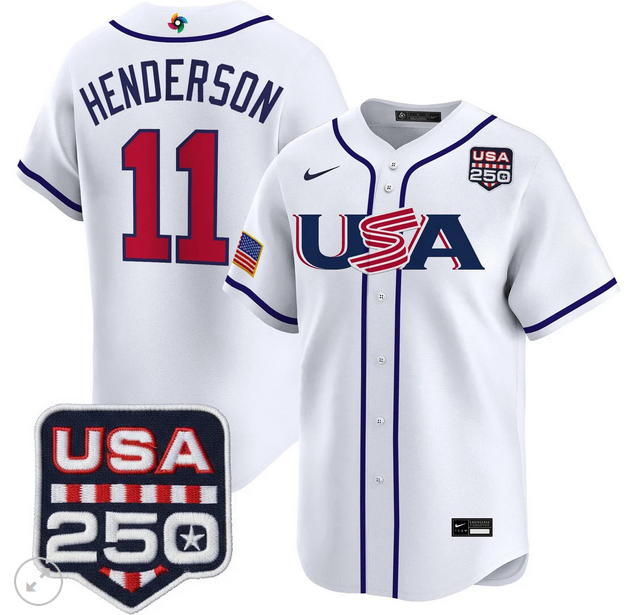 Men Team USA World Baseball Classic 250 America Patch #11 Gunnar Henderson white 2026 MLB Jersey